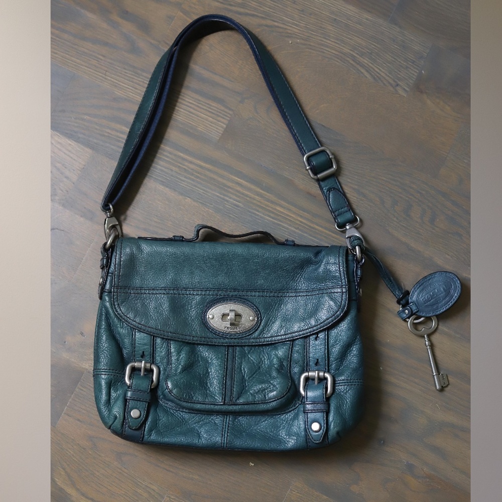 Fossil Teal Leather Satchel w/ Detachable Strap
